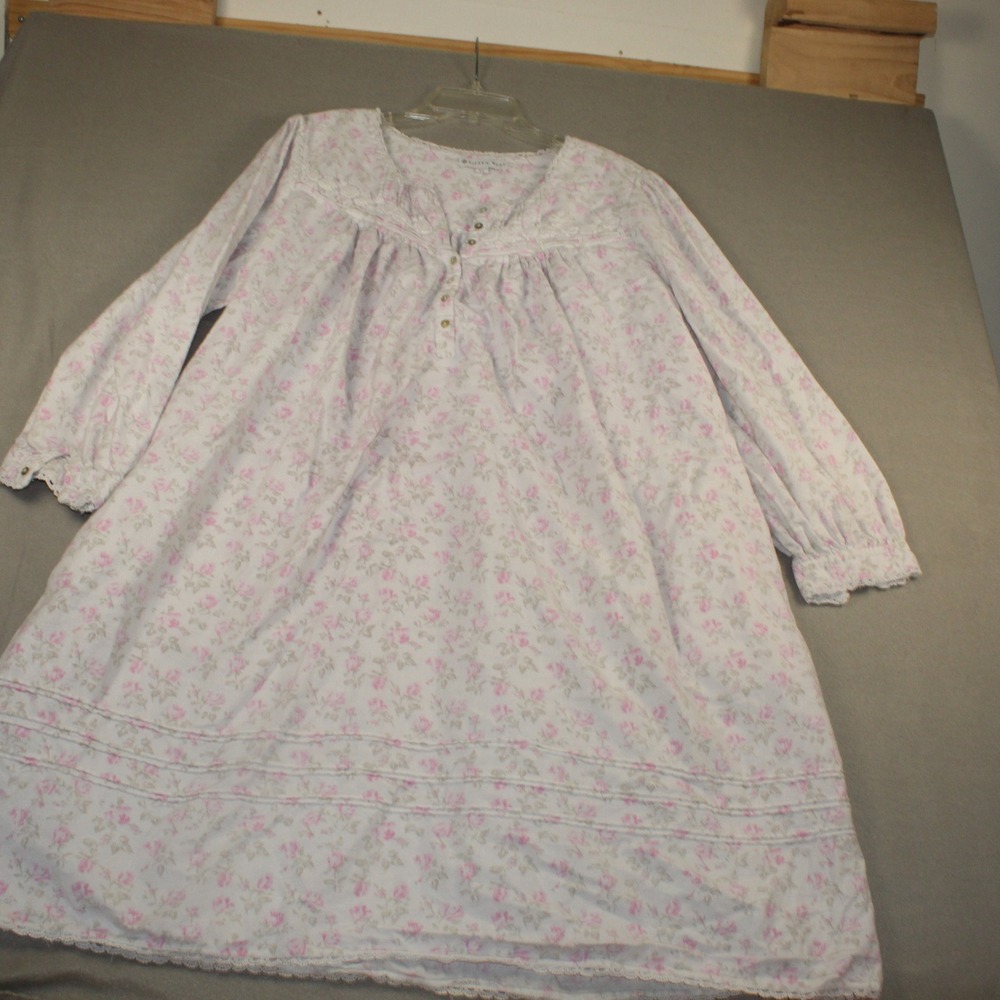Eileen West Nightgown Floral Cotton Lace Trim XL White Pink Victorian Sleepwear